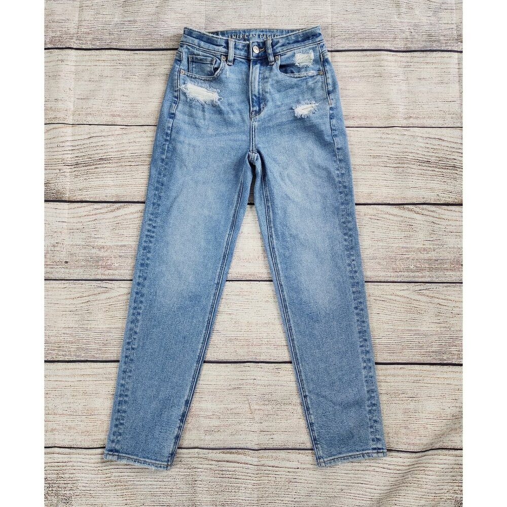 American Eagle Jeans Women's Size 00 Blue Wash Mom Straight Jean Distressed